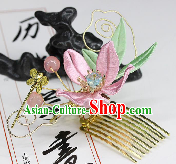 Traditional Chinese Handmade Pink Flower Dragon Hair Comb Headdress Ancient Hanfu Hair Accessories for Women