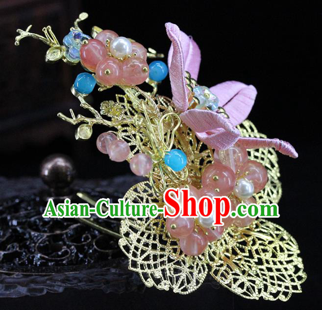 Traditional Chinese Handmade Pink Flower Brass Hairpin Headdress Ancient Hanfu Hair Accessories for Women