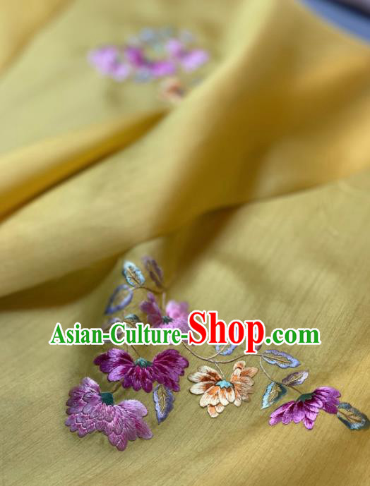Chinese Traditional Embroidered Chrysanthemum Pattern Design Yellow Silk Fabric Asian Hanfu Material