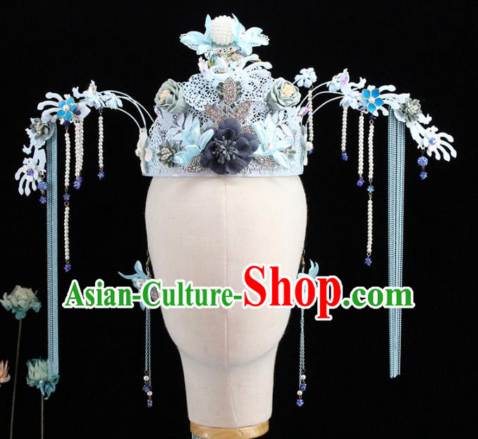 Traditional Chinese Blue Flowers Phoenix Coronet Tassel Hairpins Headdress Ancient Bride Hair Accessories for Women