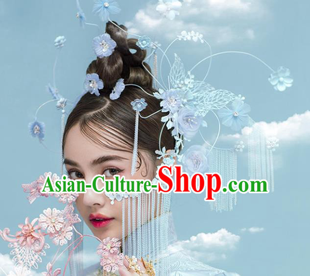 Traditional Chinese Blue Flowers Tassel Hairpins Headdress Ancient Bride Hair Accessories for Women