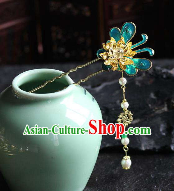 Traditional Chinese Handmade Blue Butterfly Tassel Hairpins Headdress Ancient Hanfu Hair Accessories for Women