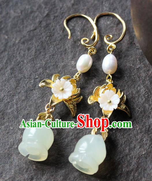 Traditional Chinese Handmade Jade Magnolia Earrings Ancient Hanfu Ear Accessories for Women