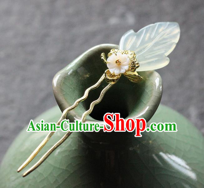 Traditional Chinese Handmade Jade Leaf Hairpin Headdress Ancient Hanfu Hair Accessories for Women