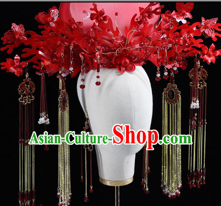 Traditional Chinese Wedding Red Phoenix Coronet Tassel Hairpins Headdress Ancient Bride Hair Accessories for Women