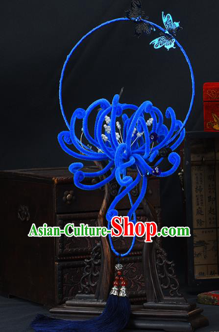 Traditional Chinese Handmade Blue Velvet Chrysanthemum Round Fans Ancient Hanfu Wedding Palace Fan for Women