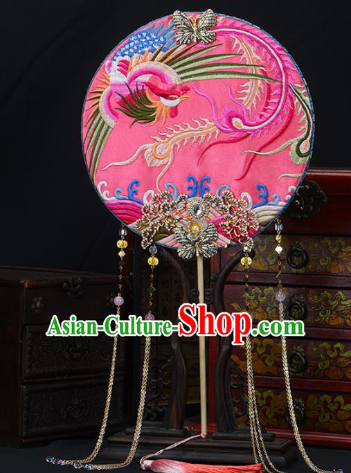 Traditional Chinese Handmade Pink Phoenix Round Fans Ancient Hanfu Wedding Palace Fan for Women