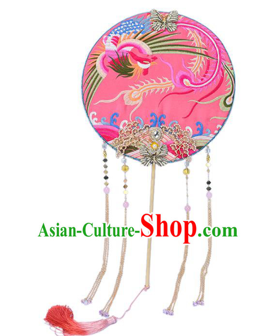 Traditional Chinese Handmade Pink Phoenix Round Fans Ancient Hanfu Wedding Palace Fan for Women