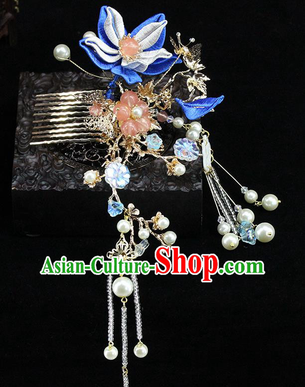 Traditional Chinese Handmade Blue Flowers Tassel Hair Comb Headdress Ancient Hanfu Hair Accessories for Women