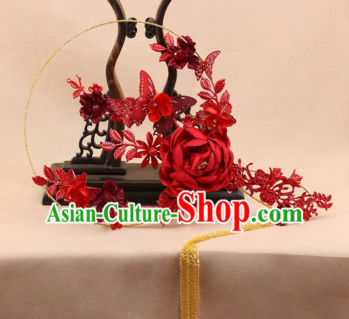 Traditional Chinese Handmade Red Rose Round Fans Ancient Hanfu Wedding Palace Fan for Women