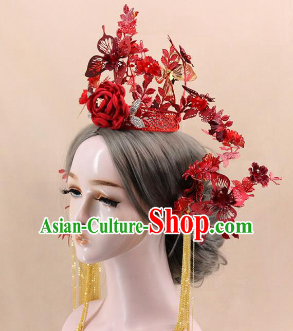 Traditional Chinese Red Rose Phoenix Coronet Hairpins Headdress Ancient Wedding Hair Accessories for Women