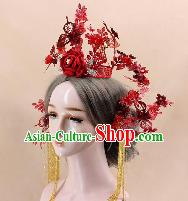 Traditional Chinese Red Rose Phoenix Coronet Hairpins Headdress Ancient Wedding Hair Accessories for Women