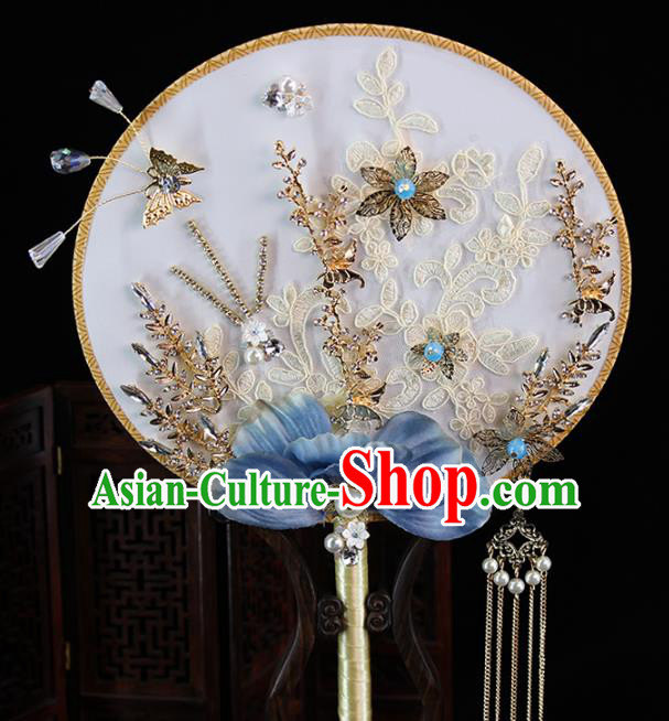 Traditional Chinese Handmade Blue Phalaenopsis Round Fans Ancient Hanfu Wedding Palace Fan for Women