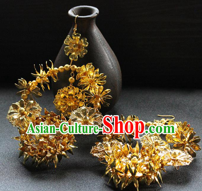 Traditional Chinese Handmade Golden Large Earrings Ancient Hanfu Ear Accessories for Women