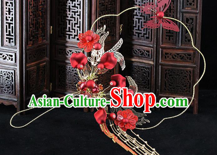 Traditional Chinese Handmade Red Butterfly Flower Fans Ancient Hanfu Wedding Palace Fan for Women