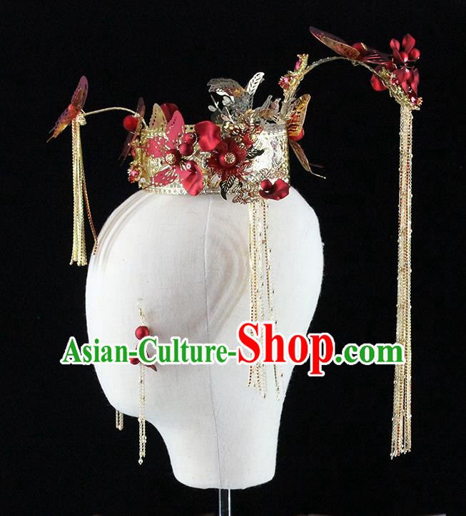 Traditional Chinese Red Butterfly Hair Crown Tassel Hairpins Headdress Ancient Wedding Hair Accessories for Women