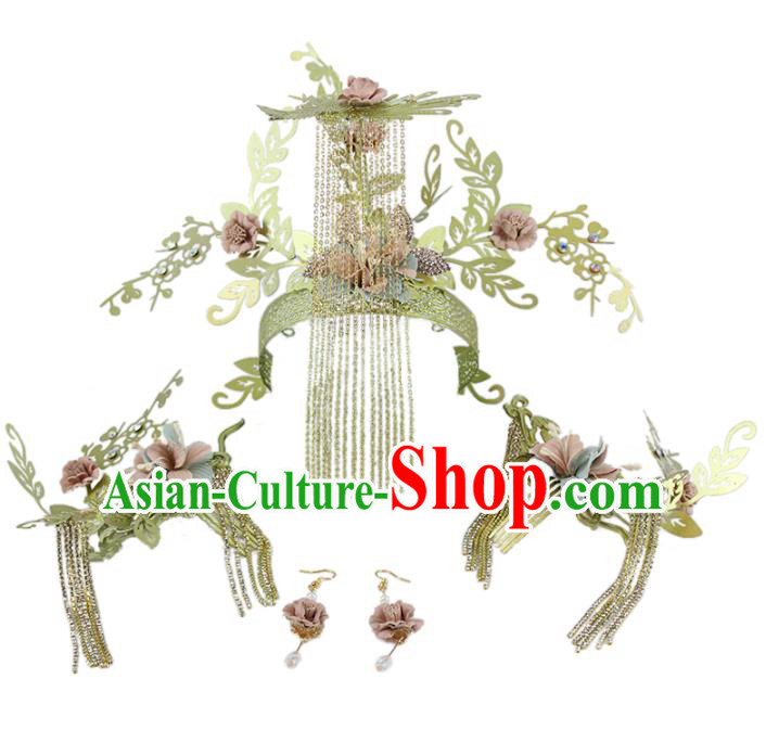 Traditional Chinese Pink Flowers Phoenix Coronet Tassel Hairpins Headdress Ancient Wedding Hair Accessories for Women