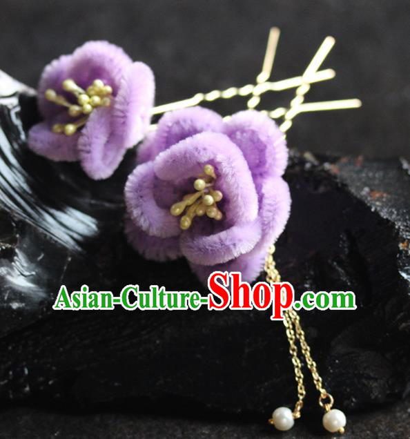 Traditional Chinese Purple Velvet Plum Tassel Hairpins Headdress Ancient Wedding Hair Accessories for Women