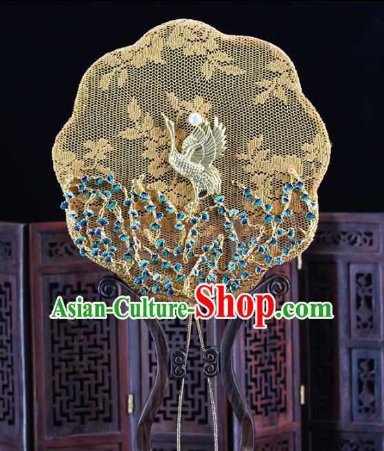 Traditional Chinese Handmade Golden Crane Silk Fans Ancient Hanfu Wedding Palace Fan for Women