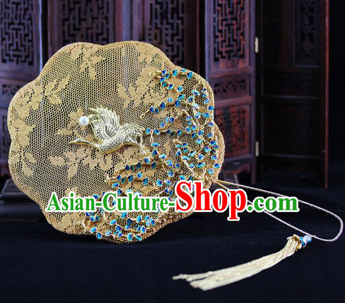 Traditional Chinese Handmade Golden Crane Silk Fans Ancient Hanfu Wedding Palace Fan for Women