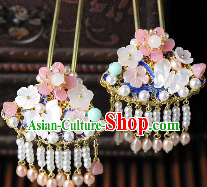 Traditional Chinese Handmade Shell Butterfly Pearls Hairpins Headdress Ancient Hanfu Hair Accessories for Women