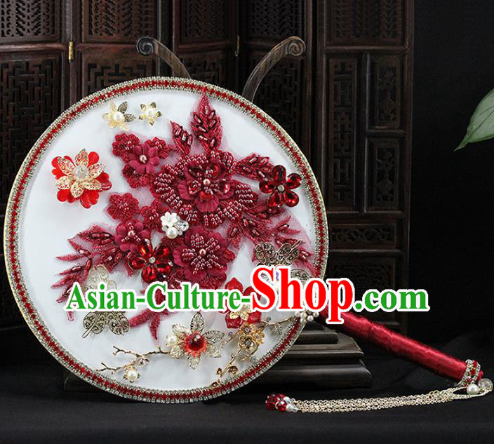 Traditional Chinese Handmade Red Flowers Round Fans Ancient Hanfu Wedding Palace Fan for Women