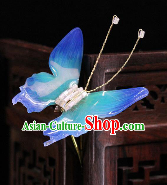 Traditional Chinese Handmade Blue Butterfly Hairpins Headdress Ancient Hanfu Hair Accessories for Women