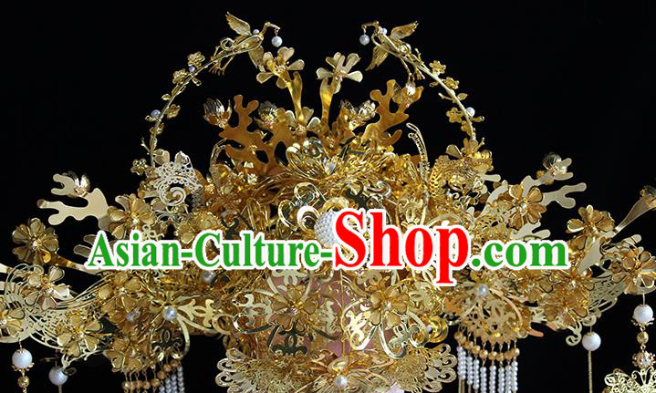 Traditional Chinese Deluxe Golden Phoenix Coronet Hairpins Headdress Ancient Wedding Hair Accessories for Women