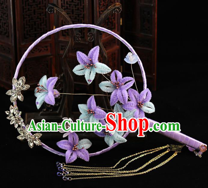 Traditional Chinese Handmade Purple Velvet Flowers Round Fans Ancient Hanfu Wedding Palace Fan for Women