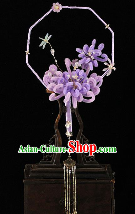 Traditional Chinese Purple Velvet Chrysanthemum Fans Ancient Hanfu Wedding Palace Fan for Women