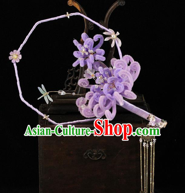 Traditional Chinese Purple Velvet Chrysanthemum Fans Ancient Hanfu Wedding Palace Fan for Women
