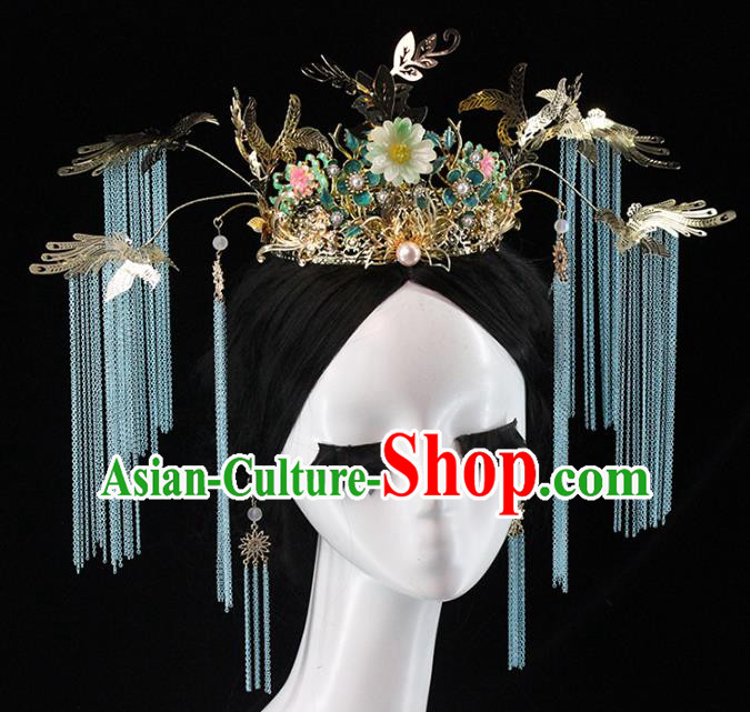 Traditional Chinese Wedding Deluxe Blue Tassel Phoenix Coronet Hairpins Headdress Ancient Hair Accessories for Women