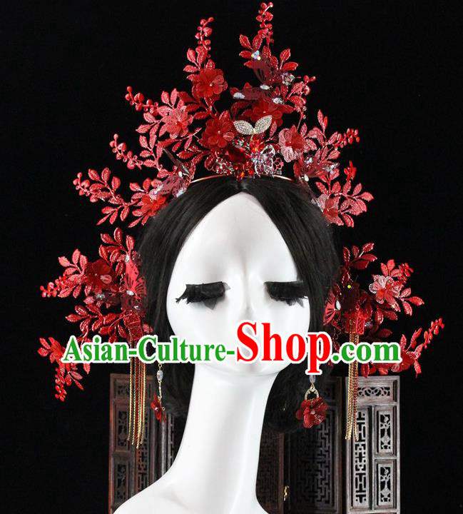 Traditional Chinese Wedding Red Flowers Hair Crown Hairpins Headdress Ancient Hair Accessories for Women