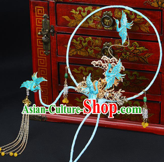 Traditional Chinese Handmade Cloisonne Crane Round Fans Ancient Hanfu Wedding Palace Fan for Women