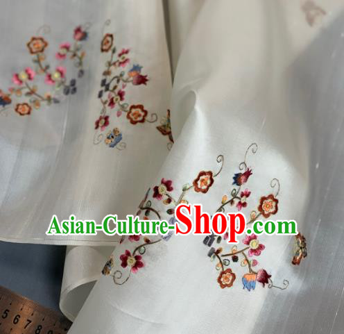 Chinese Traditional Embroidered Flowers Pattern Design White Silk Fabric Asian Hanfu Material