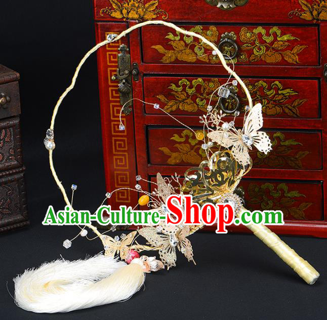 Traditional Chinese Handmade Golden Butterfly Round Fans Ancient Hanfu Wedding Palace Fan for Women