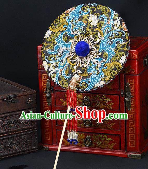Traditional Chinese Handmade Tassel Black Round Fans Ancient Hanfu Wedding Palace Fan for Women
