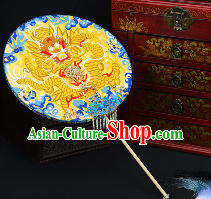 Traditional Chinese Handmade Golden Dragon Round Fans Ancient Hanfu Wedding Palace Fan for Women