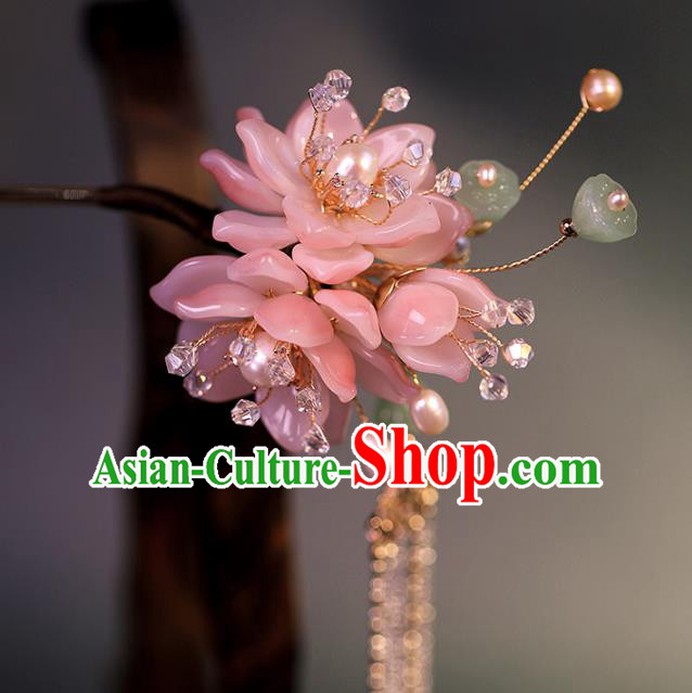 Traditional Chinese Handmade Pink Lotus Tassel Hairpin Headdress Ancient Hanfu Hair Accessories for Women