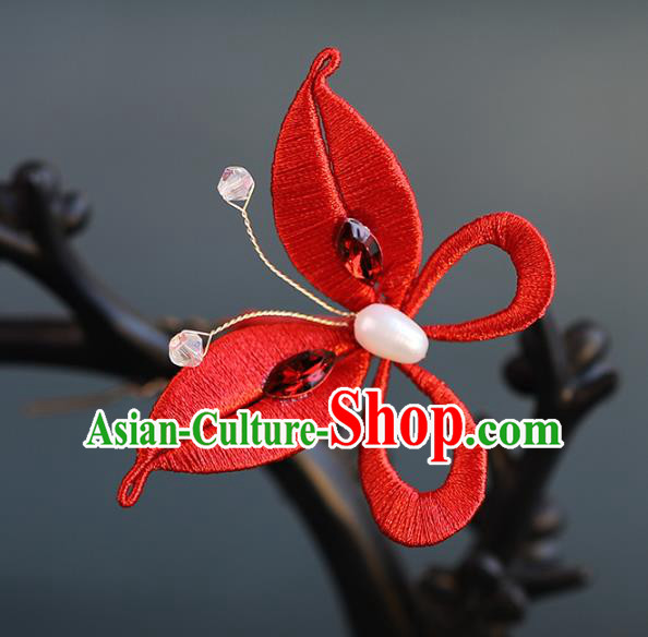Traditional Chinese Handmade Red Silk Butterfly Hairpin Headdress Ancient Hanfu Hair Accessories for Women