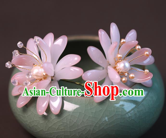 Traditional Chinese Handmade Pink Glass Flower Hairpin Headdress Ancient Hanfu Hair Accessories for Women