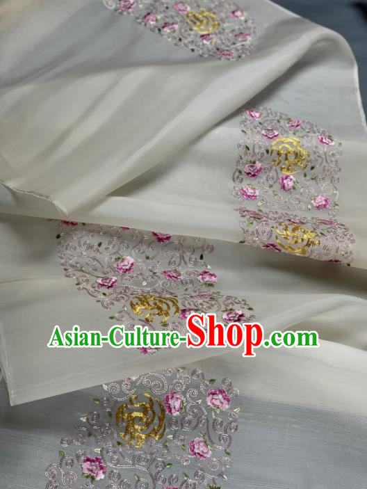 Asian Chinese Traditional Embroidered Peony Pattern Design White Silk Fabric Hanfu Material