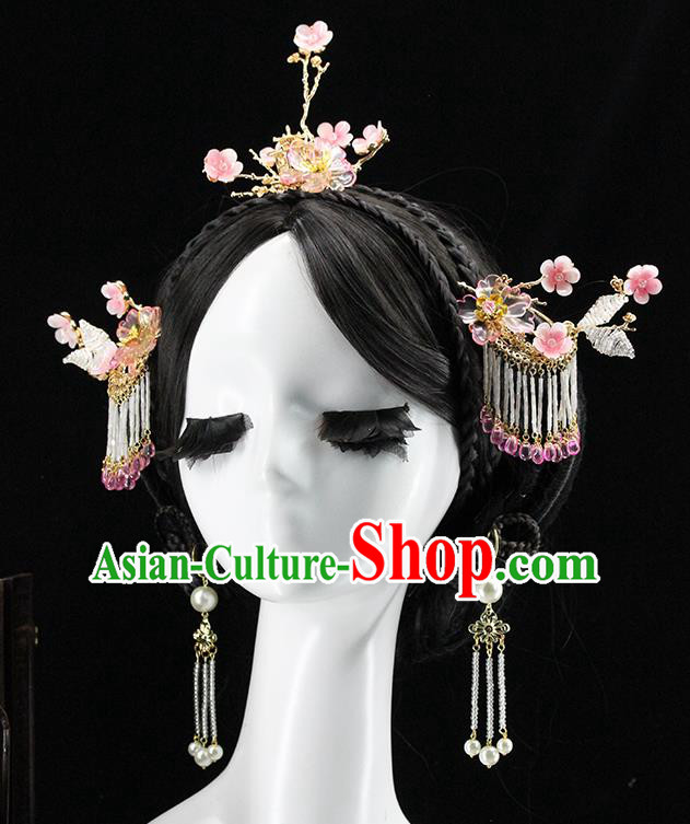 Traditional Chinese Wedding Pink Plum Hair Crown Hairpin Headdress Ancient Queen Hair Accessories for Women