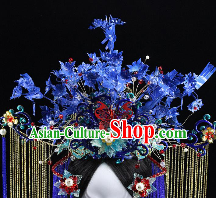 Traditional Chinese Wedding Blue Phoenix Coronet Hairpin Headdress Ancient Queen Hair Accessories for Women