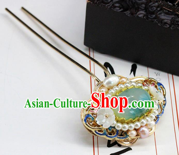 Traditional Chinese Handmade Pearls Jade Hairpin Headdress Ancient Hanfu Hair Accessories for Women