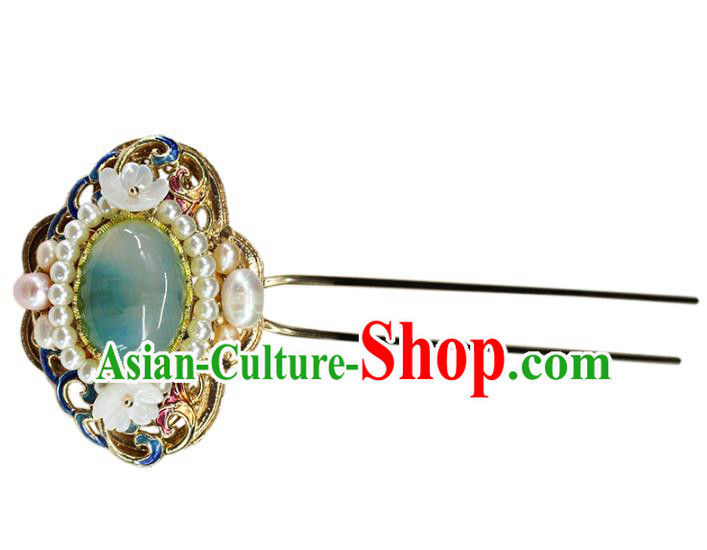 Traditional Chinese Handmade Pearls Jade Hairpin Headdress Ancient Hanfu Hair Accessories for Women