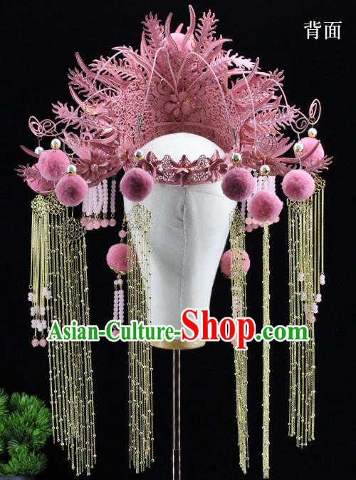 Traditional Chinese Wedding Pink Phoenix Coronet Headdress Ancient Bride Hair Accessories for Women