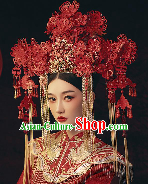 Traditional Chinese Wedding Red Flowers Phoenix Coronet Headdress Ancient Bride Hair Accessories for Women