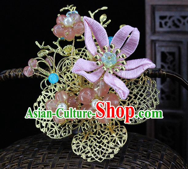 Traditional Chinese Wedding Hair Crown Pink Flower Hairpins Headdress Ancient Bride Hair Accessories for Women