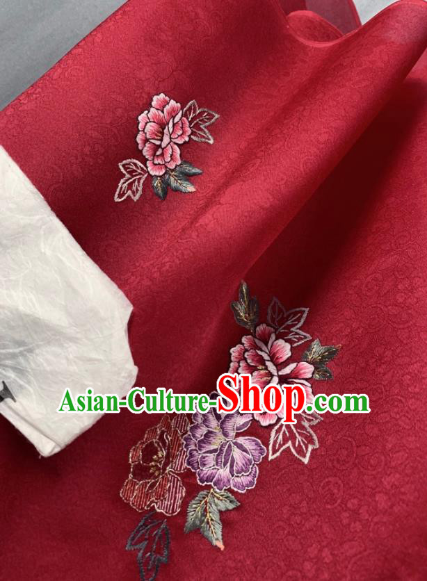 Chinese Traditional Classical Embroidered Peony Pattern Design Red Silk Fabric Asian Hanfu Material